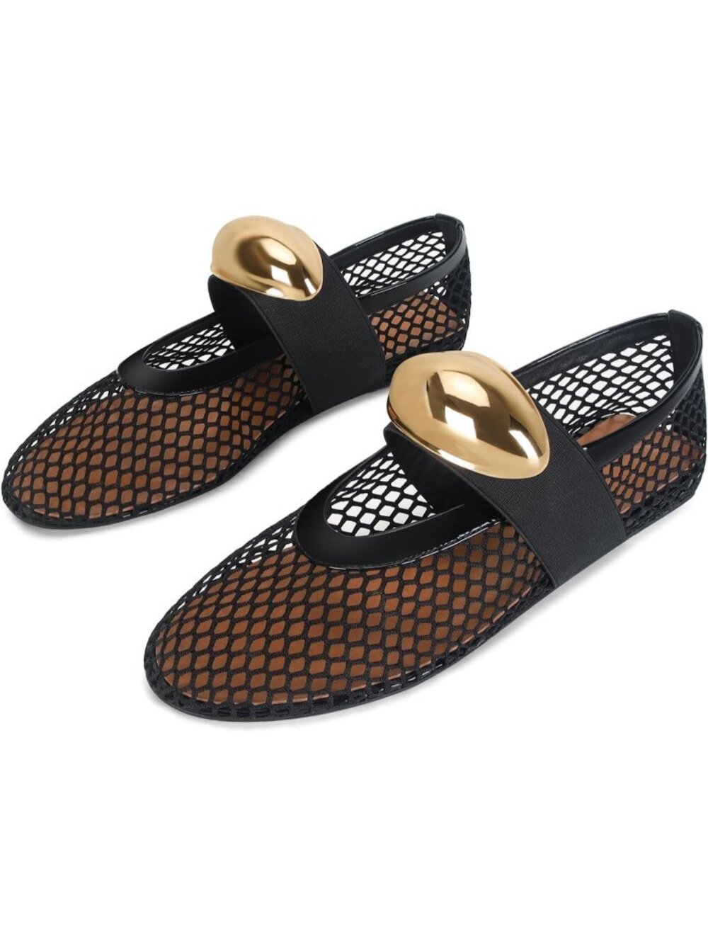 Women's Black Gold Rubber Sole Buckle Strap Comfy Fishnet Ballerina Flat Shoes